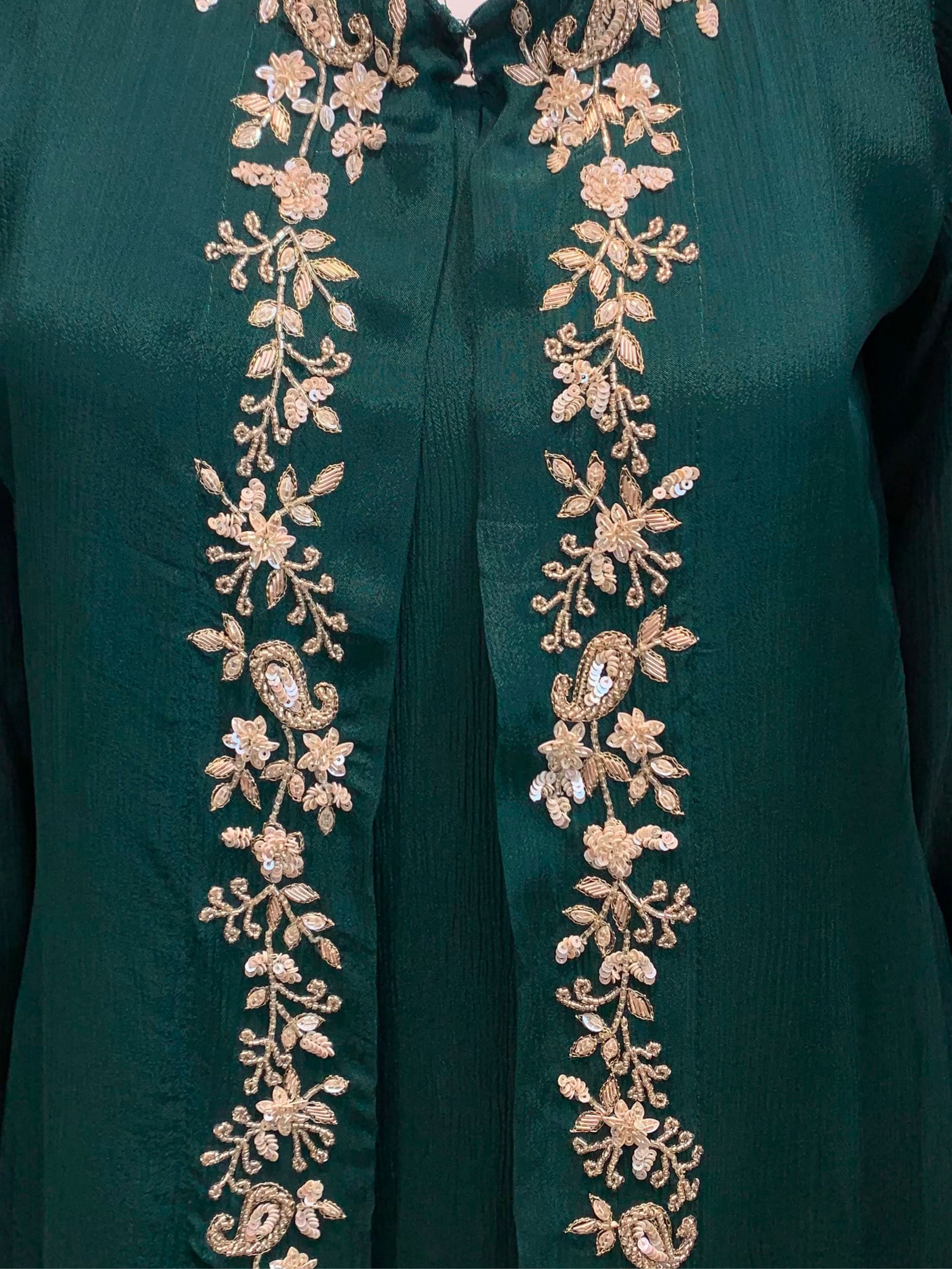 Green Chinon Shirt, Palazzo, Shrug And Dupatta with Cutdana, Sequins, Pearl and Dabka Embroidery 5
